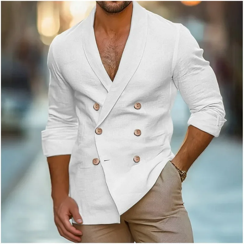 

Cotton and Linen Fashion Shirt Long-sleeved Cardigan Solid Color Jacket New Spring and Autumn Men's Suit Double-breasted Casual