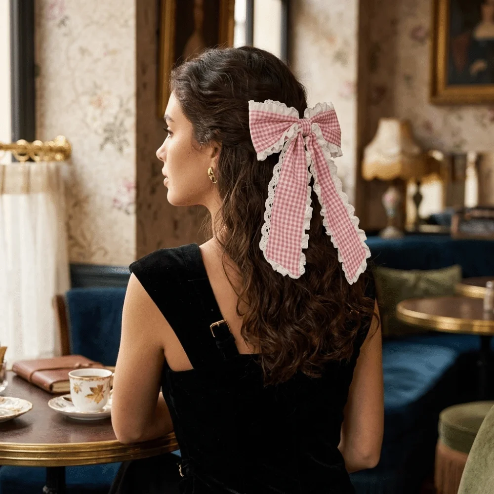 New Plaid Pattern Hair Clips Lace Bow Half-Up Hairstyles Hair Ribbon Long Spring Clip Hair Barrettes Headdress Accessories