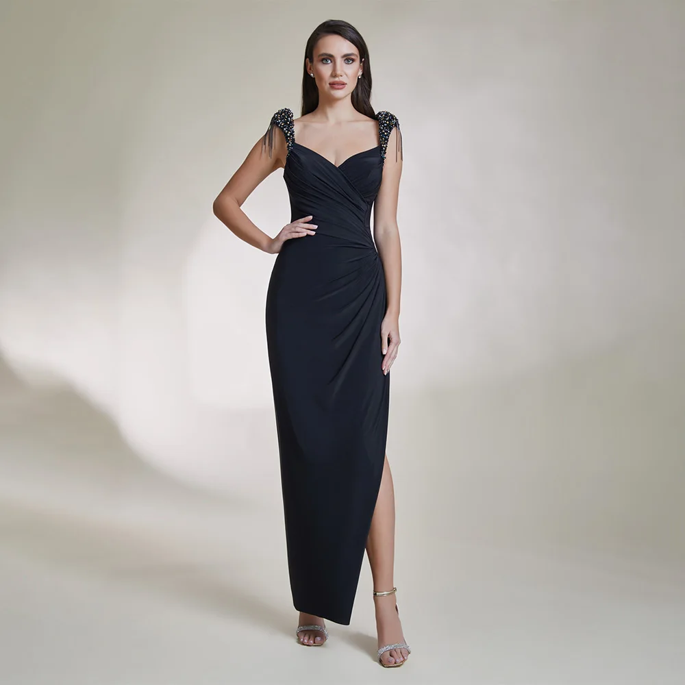 

Column Prom Dress Black Spandex Beading Tassel Luxury Evening Dresses Long Backless Side Slit Ankle Length Women's Gowns