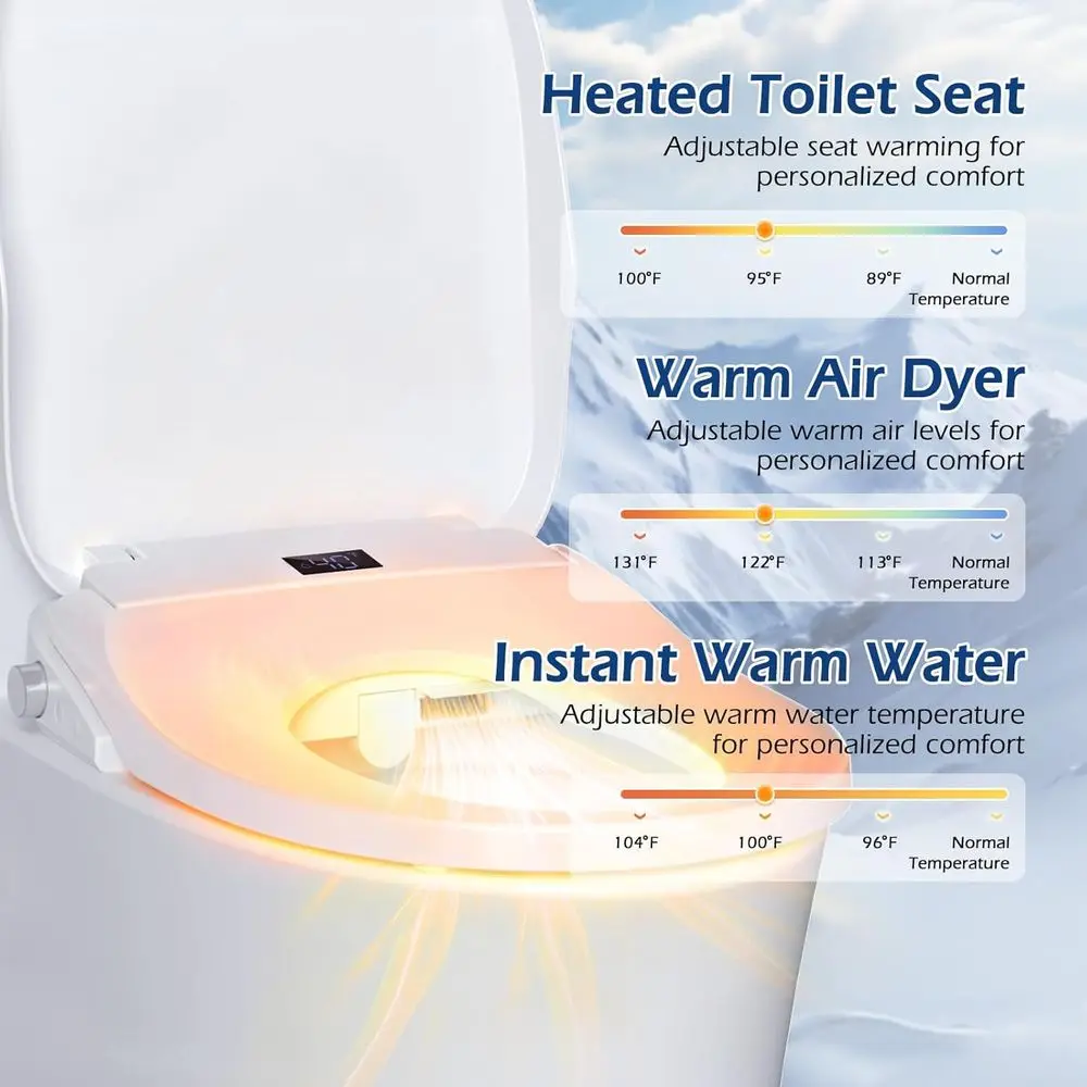 Bidet Toilet Seat, Electric Smart Heated Toilet Seat with Warm Water & Dryer, eminine & ront Rear Wash, Sel-Clean Nozzle, Night view 2