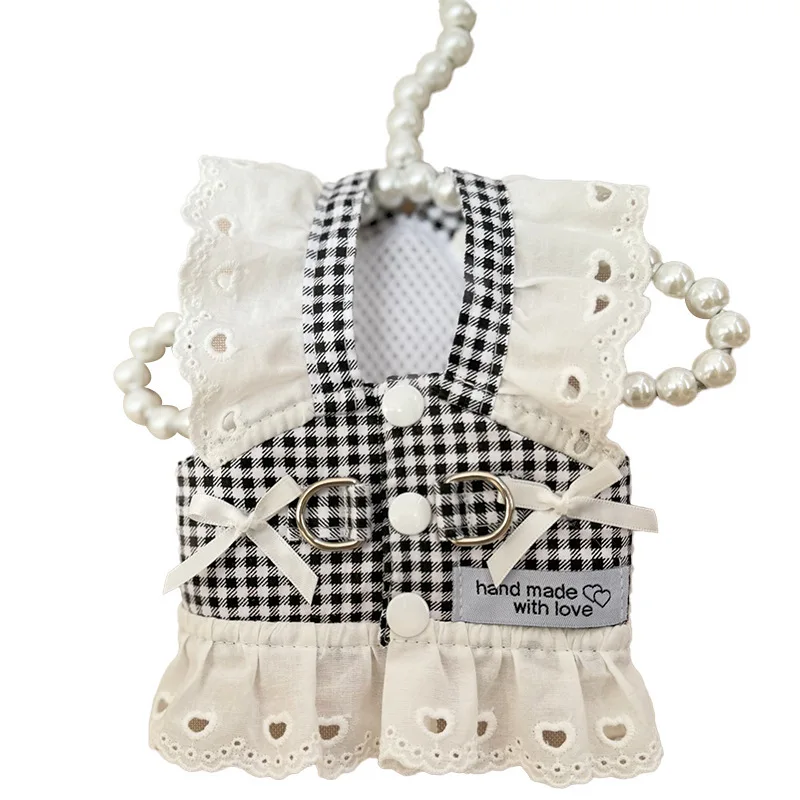 Pet Dog Clothes Lace Skirt Pastoral Style Black Plaid  Harness Puppy Dresses Universal Harness Tractionable Retro Princess Dress