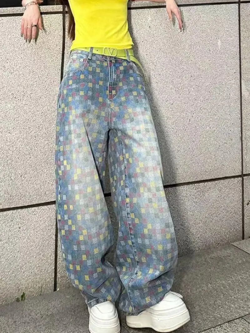 

Women's Pants Jeans American Retro Colorful Checkerboard Jeans Women Summer High Waist Loose Drape Wide Leg Long Soft Denim