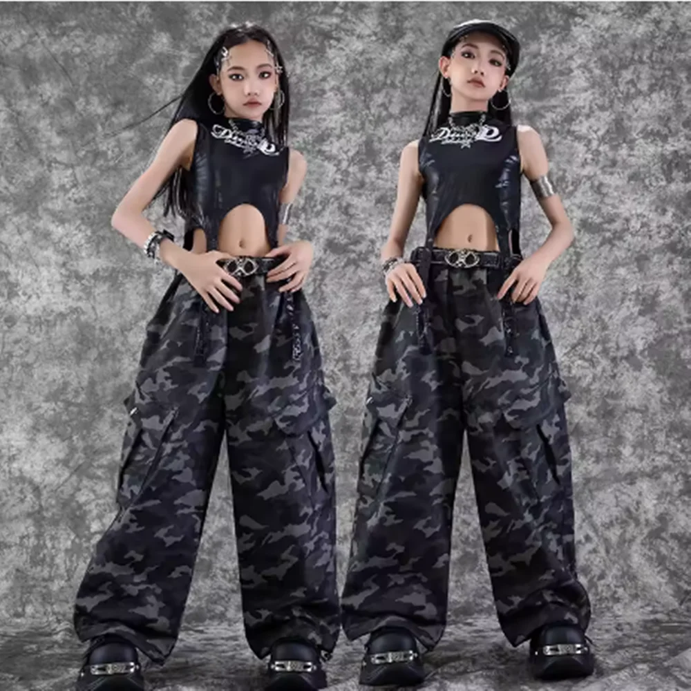 Abbigliamento per spettacoli di danza jazz per bambini Vestito da ballo Kpop Top corto nero Pantaloni cargo mimetici Moda Hip Hop Streetwear yj126
