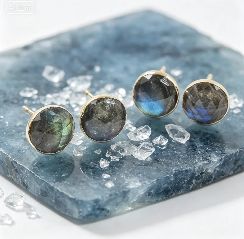 WT-E151 Lovely Hot Sale Sparkly Natural Labradorite Round Studs Stone With Gold Dipped Multi Color Fashion Earrings
