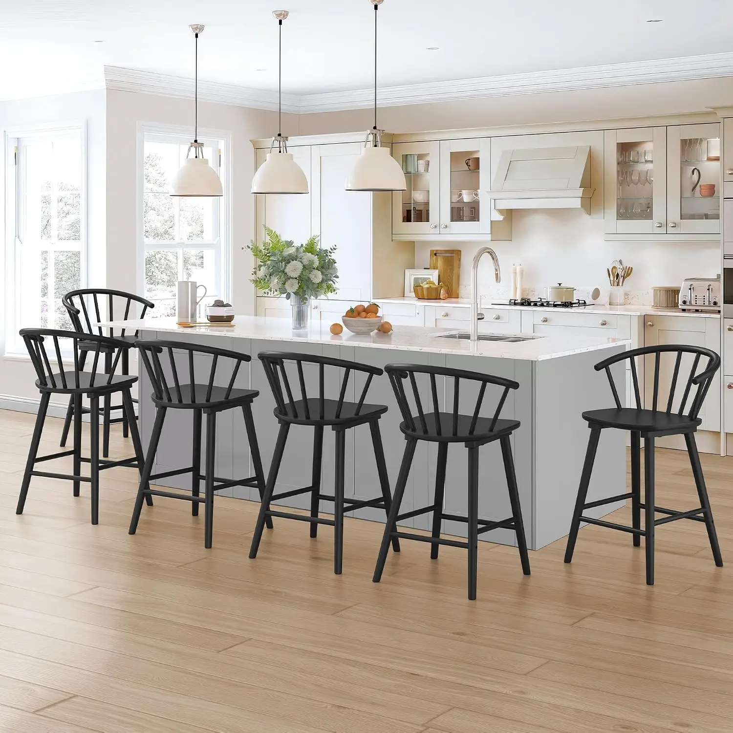 Black Farmhouse Bar Stools Set of 6 Semicircular Backrest Mid Century Counter Height Kitchen Island 24 Inch, Customized