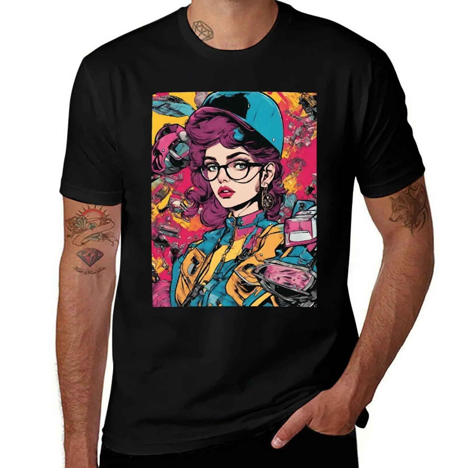 

Futuristic Racer Girl – Bold Pop Art Portrait with Retro Comic Style T-Shirt anime clothes big and tall t shirts for men