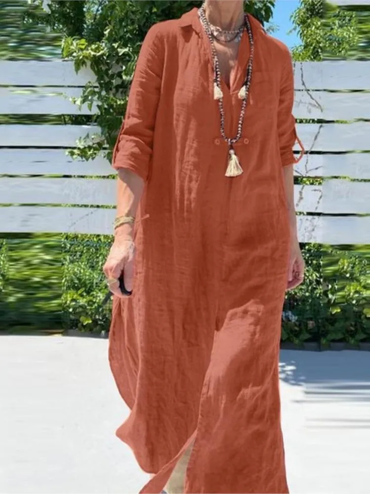 여성 드레스 봄 여름 V 넥 긴 소매 비치 셔츠 드레스 캐주얼 느슨한 우아한 사무실 솔리드 드레스 가운 Femme Vestidos