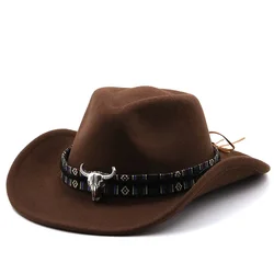 Fashion Western Cowboy Hat with Cow Head Band Wide Brim Pop Jazz Hat Winter Men Women Jazz Wool Hat Cow Girl