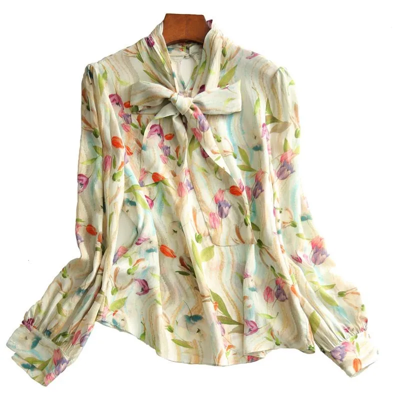 

Vintage Women's Blouses Printed Casual Shirts Fashion Loose Summer Korean Clothing Long Sleeved Bow Satin Women Tops