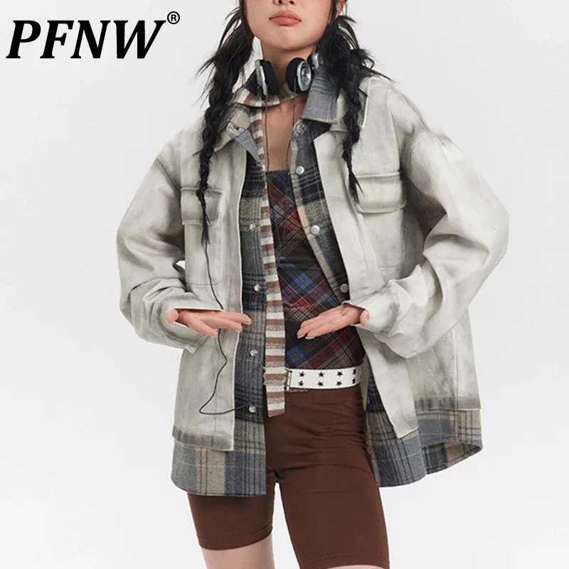 

PFNW Fake Two-piece Washed Spliced Design Plaid Jacket Men's Lapel Long Sleeve High Street Fashion New Tops Male Chic 28W5276