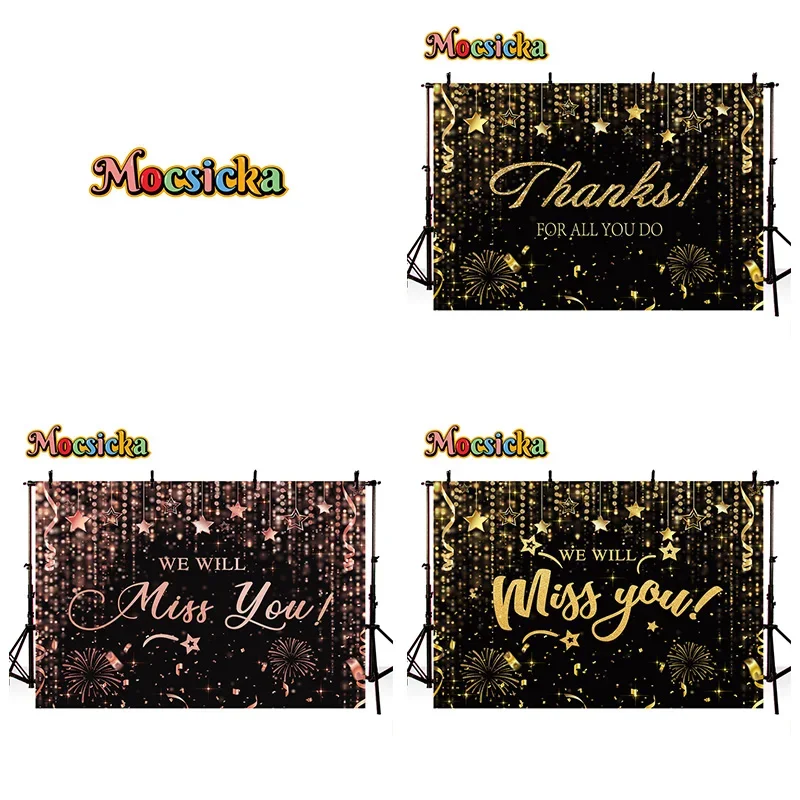 

Mocsicka Party Photography Backgrounds We Will Miss You Farewell Party Theme Decor Backdrops Gold Glitter Stars Black Photo Fabr