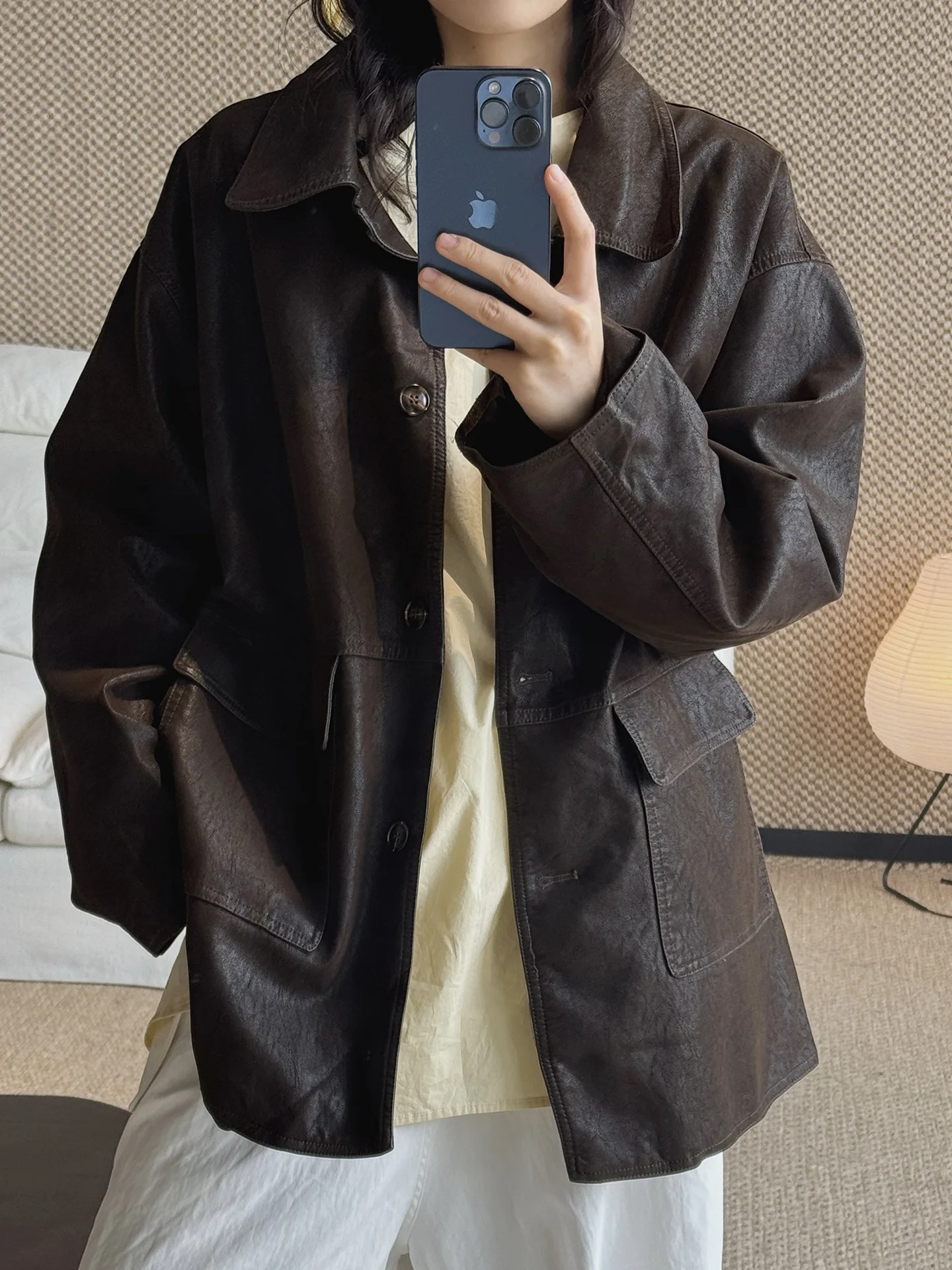 Early spring new Korean retro fashionable matte texture PU lapel jacket with loose silhouette for women