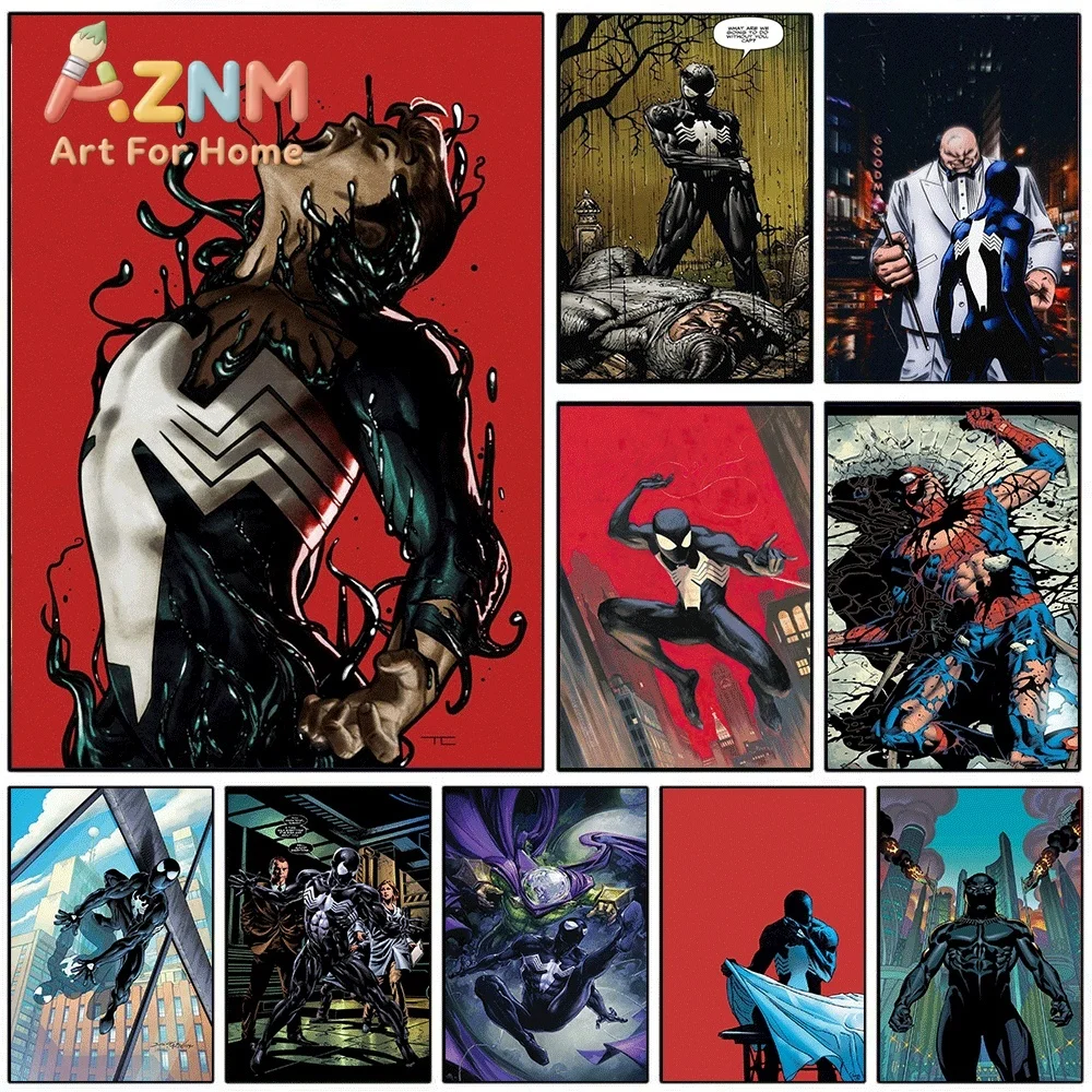 Marvel Spider Man Symbiote Suit Red Background Ink Splash Comic Canvas Wall Art Unframed Canvas Poster Print for Boys Bedroom