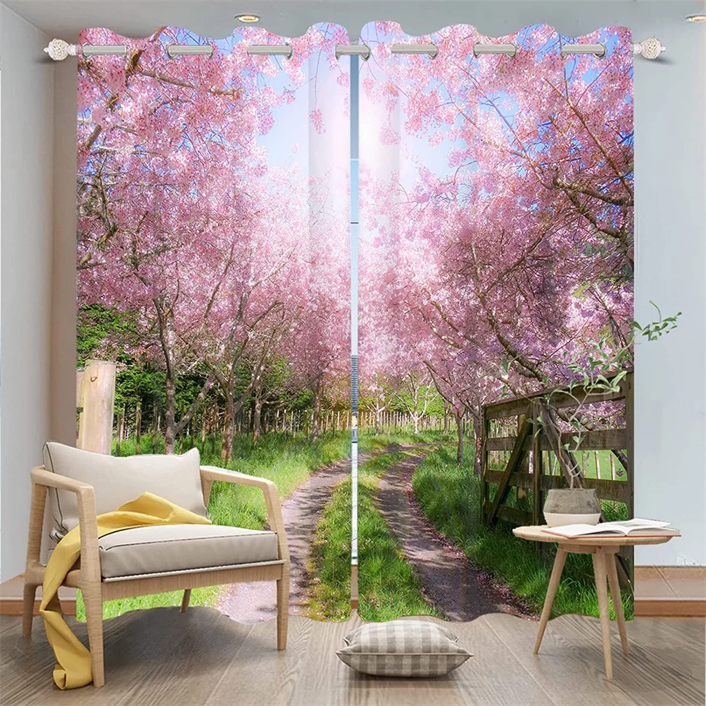 Pink cherry blossom forest green grass curtain, a set of two sets, home bedroom living room shade curtain