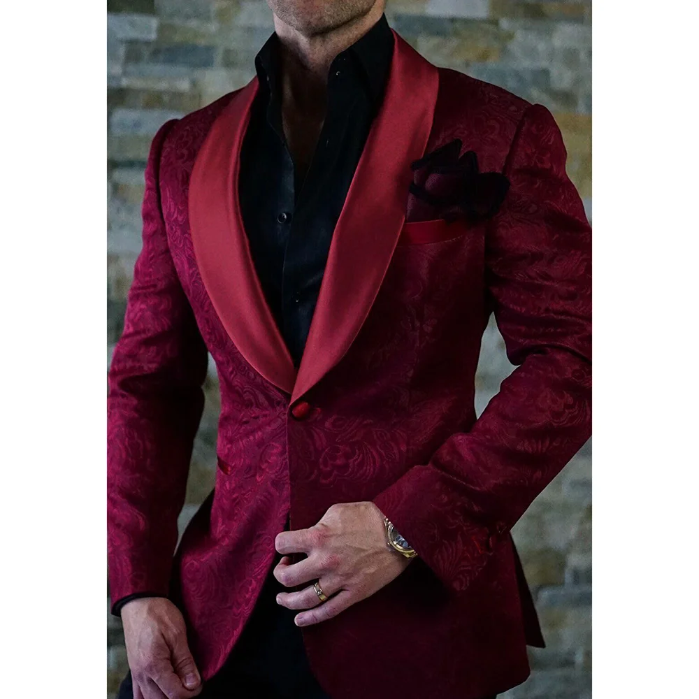 

Handsome Fashion Burgundy Jacquard Men Blazer Costume Groom Shawl Lapel Wedding Slim Fit Jacket 1 Pc