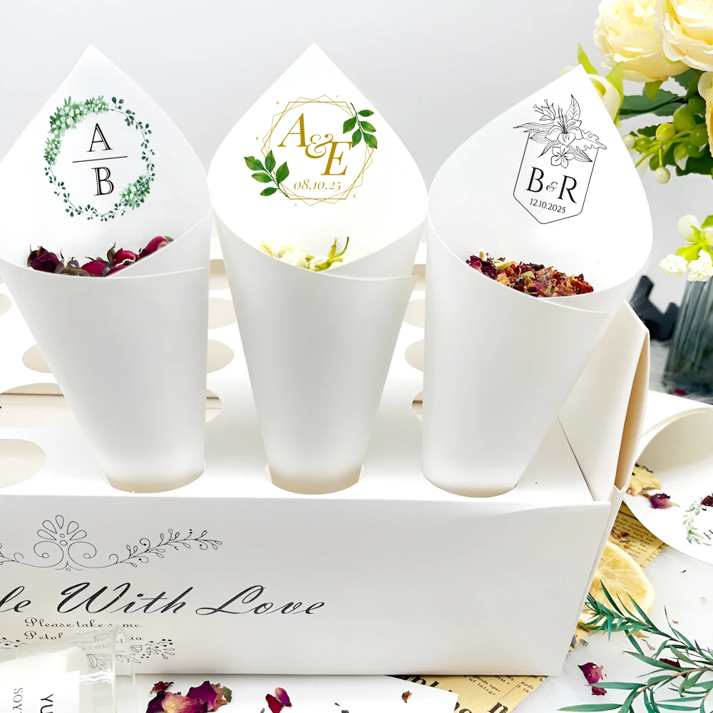 

30Pcs Custom Wedding Confetti Cone, Wedding Petals Cones with Personalised Initials, White Paper Size 14x14cm