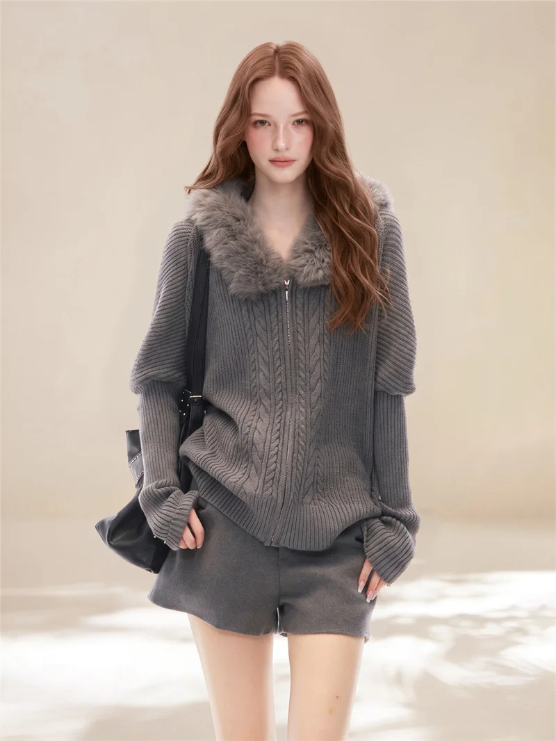 2026 Autumn Winter Women Faux Fur Trim Hooded Knit Cardigan, Lazy Batwing Sleeve Zip Up Sweater Coat