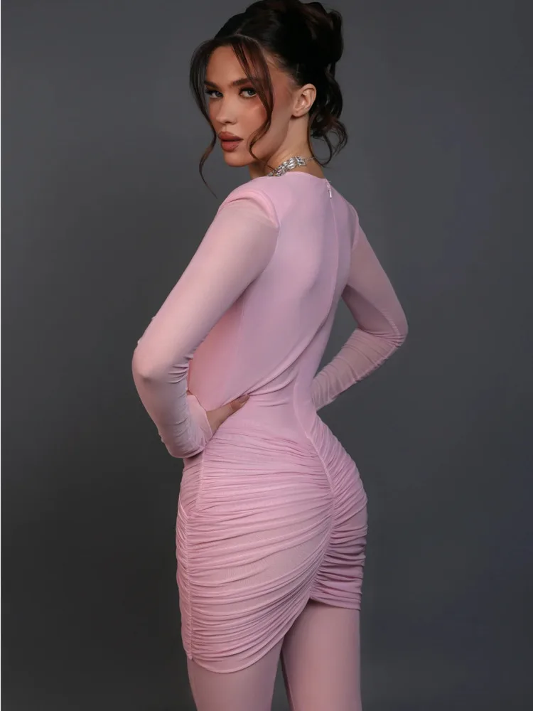 Articat Sexy Deep V Mesh Patchwork Long Sleeve Jumpsuit  Women Double Layer Ruched Flared Pants Dress Autumn New 2025 Rompers