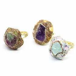 Polly Boho Women Jewelry Pure Gold Color Large Raw Natural Crystal Fluorite Amethysts Aquamarine Adjustable Rings