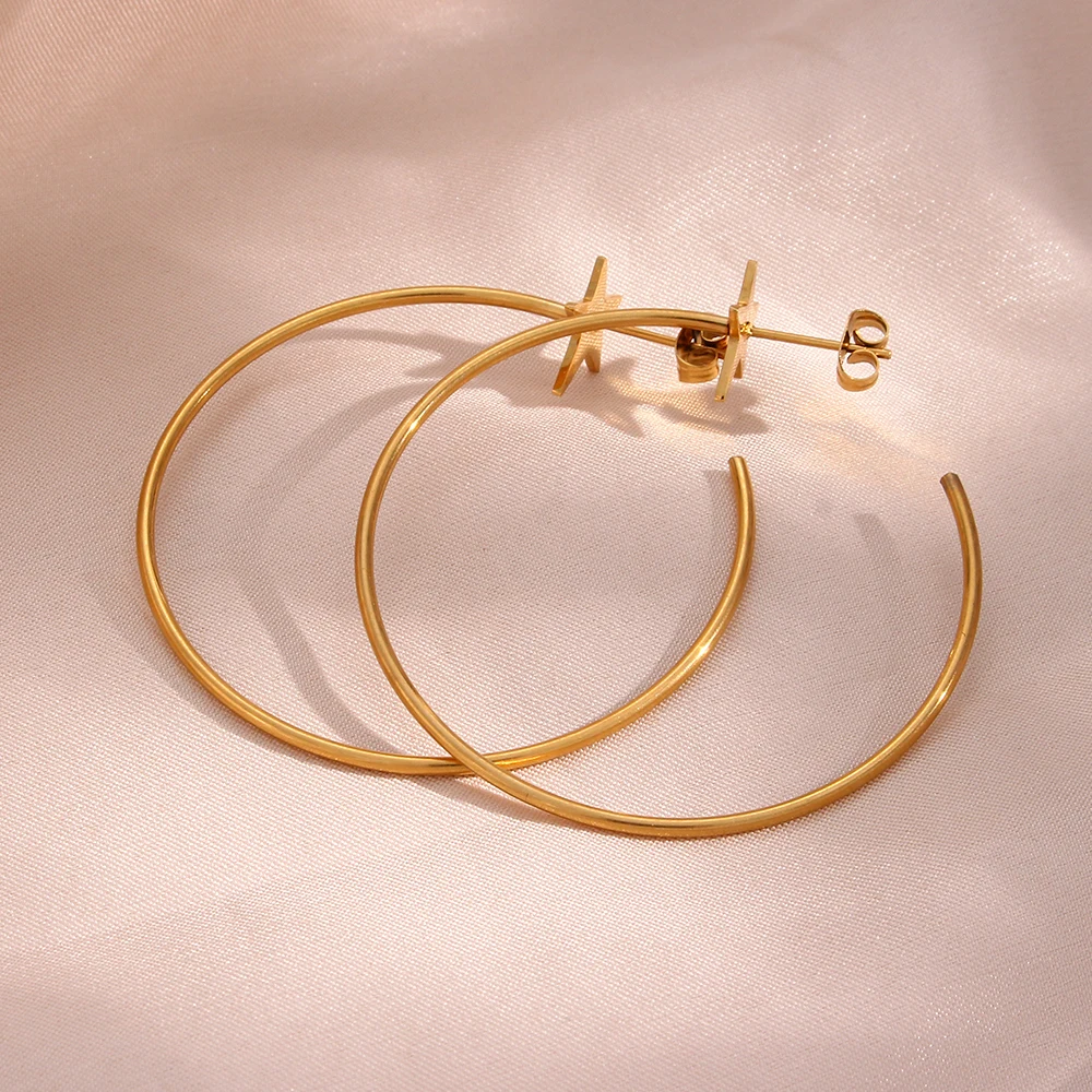 18K Gold Überzogene Edelstahl Große Stern Hoop Ohrringe Für Frau Hypoallergen Pentagramm Dünne Große Runde Schleife Ohrringe Schmuck – Detail 8