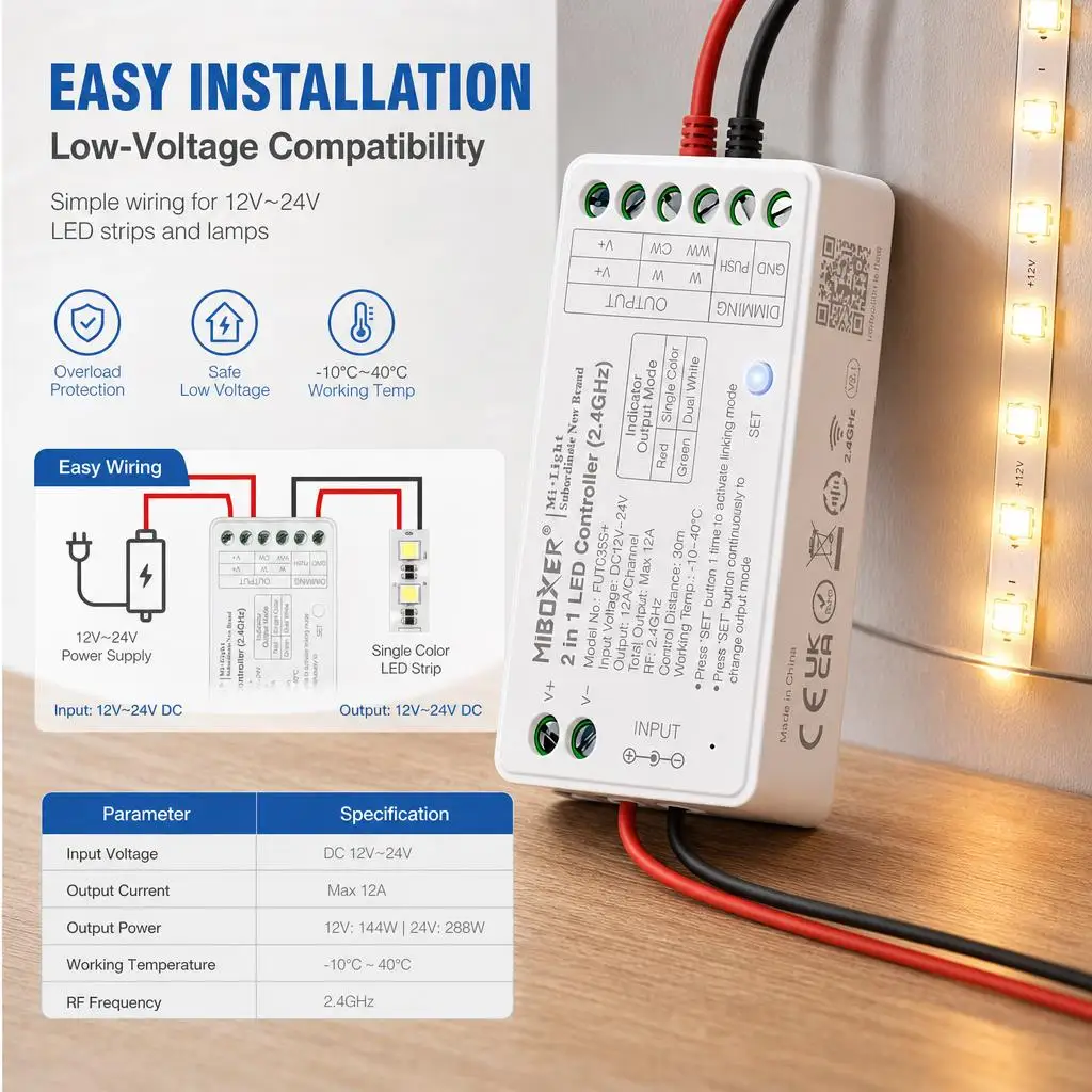 MiBoxer FUT035S+ FUT006 FUT007 FUT094 DC12-24V 2.4GHzRF 2in1 Dual/Single White COB Smart LED Strip Light Dimmer Controller