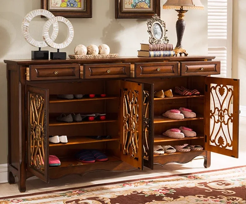 

American hollow all solid wood with glass multi-layer shoe cabinet entrance storage cabinet storage