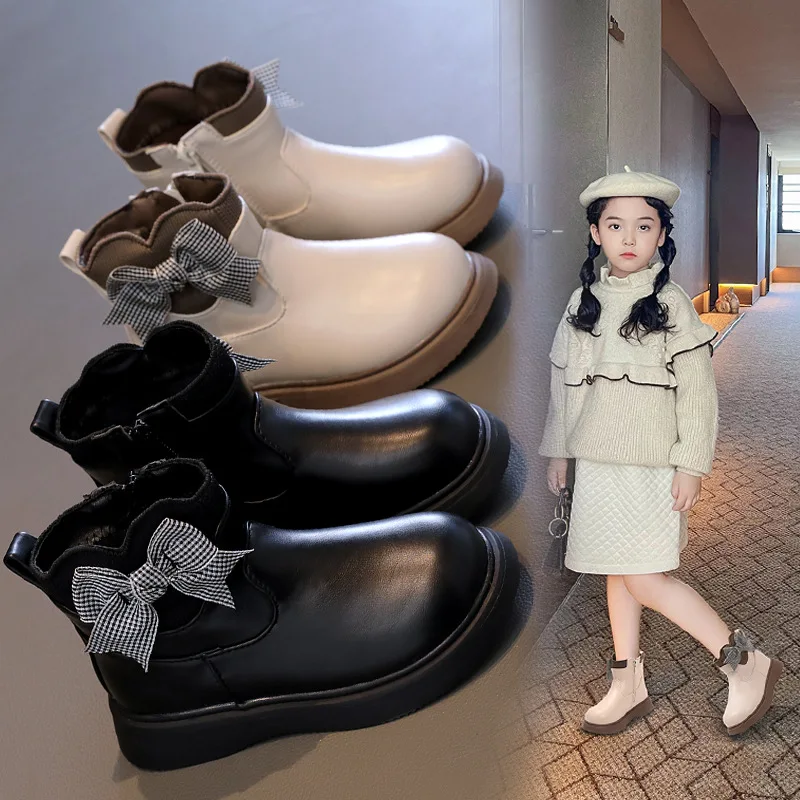 

Girls Leather Boots New 2023 Autumn Winter Baby Girls Non-slip Rubber Outsole Zipper Cute Bowknot Princess Boots Toddler Shoes