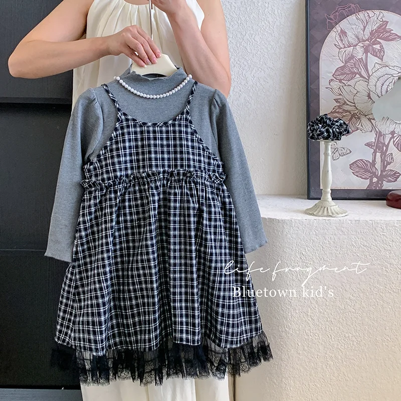 

Korean Version of Girls' Autumn New Suspender Plaid Skirt Medium Children's Temperament Bottoming Top Dress Two-piece Set