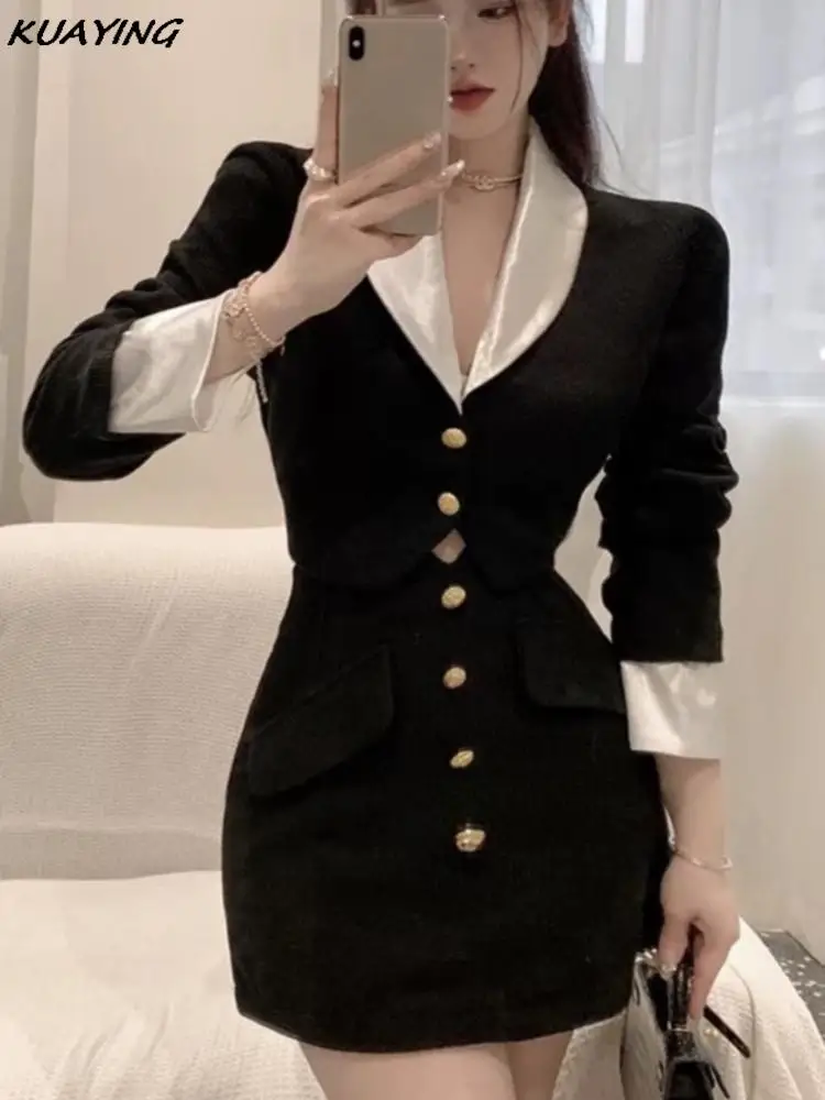 Y2k Two-piece Skirt Set Women Casual Korean Chic V-neck Crop Tops Jacket Bodycon Black Mini Skirts Elegant Suit 2024 Autumn New