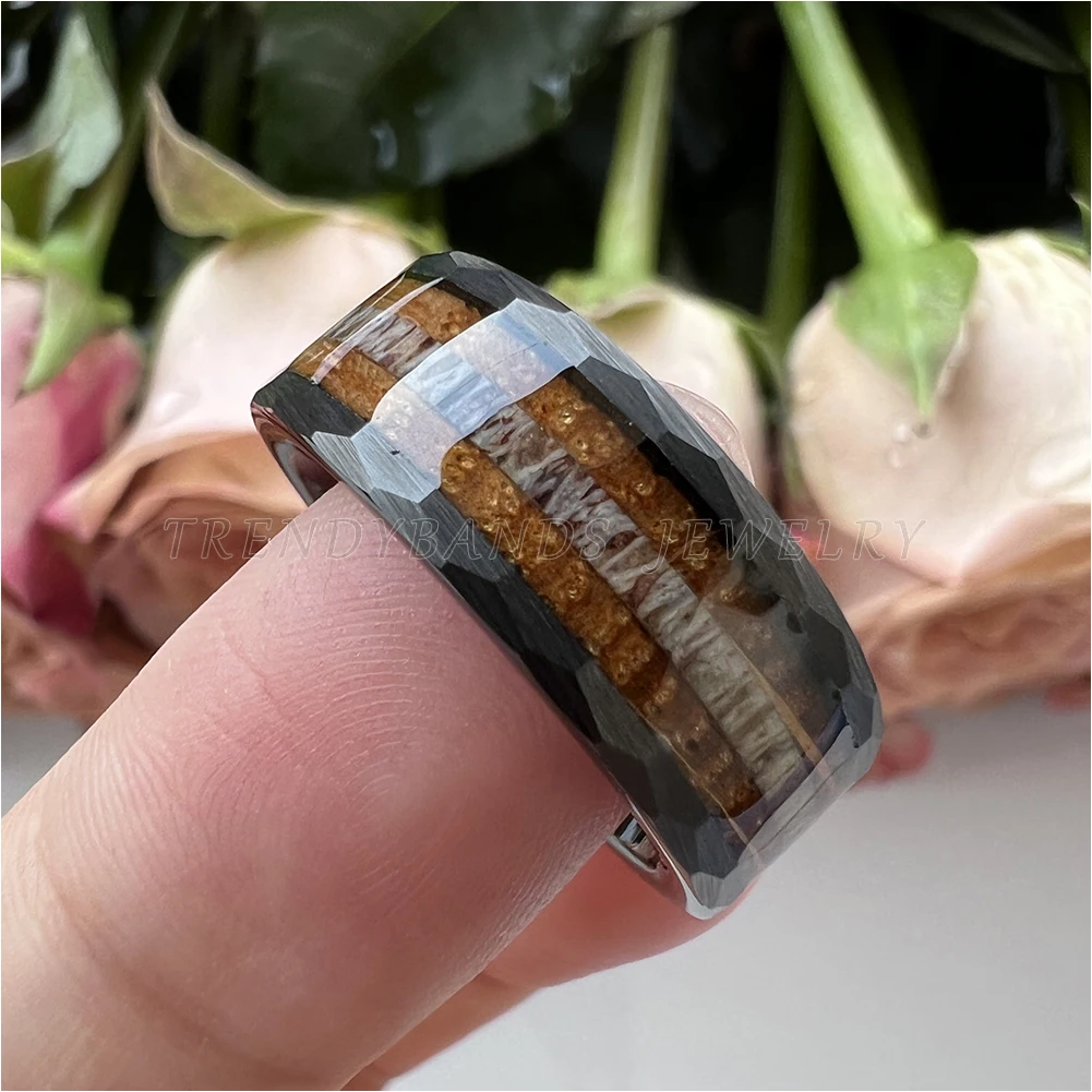 8mm Hammered Fashion Ring for Men Women Tungsten Carbide Engagement Jewelry Wedding Band Whisky Barrel Wood Inlay Brushed Shiny – Detail 14