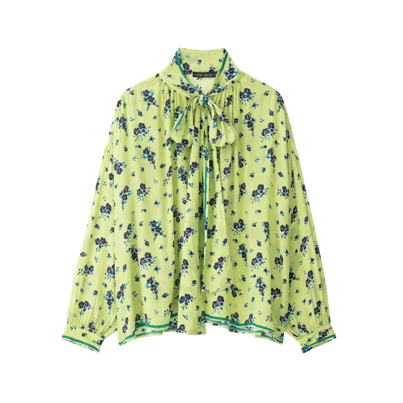 2026 Herbst Neue Damenbluse Vintage Blumendruck Schleifenknoten am Hals Lange Puffärmel Kontrastrand Lose Blusen Alltags- und Büro-Oberteile – Detail 1