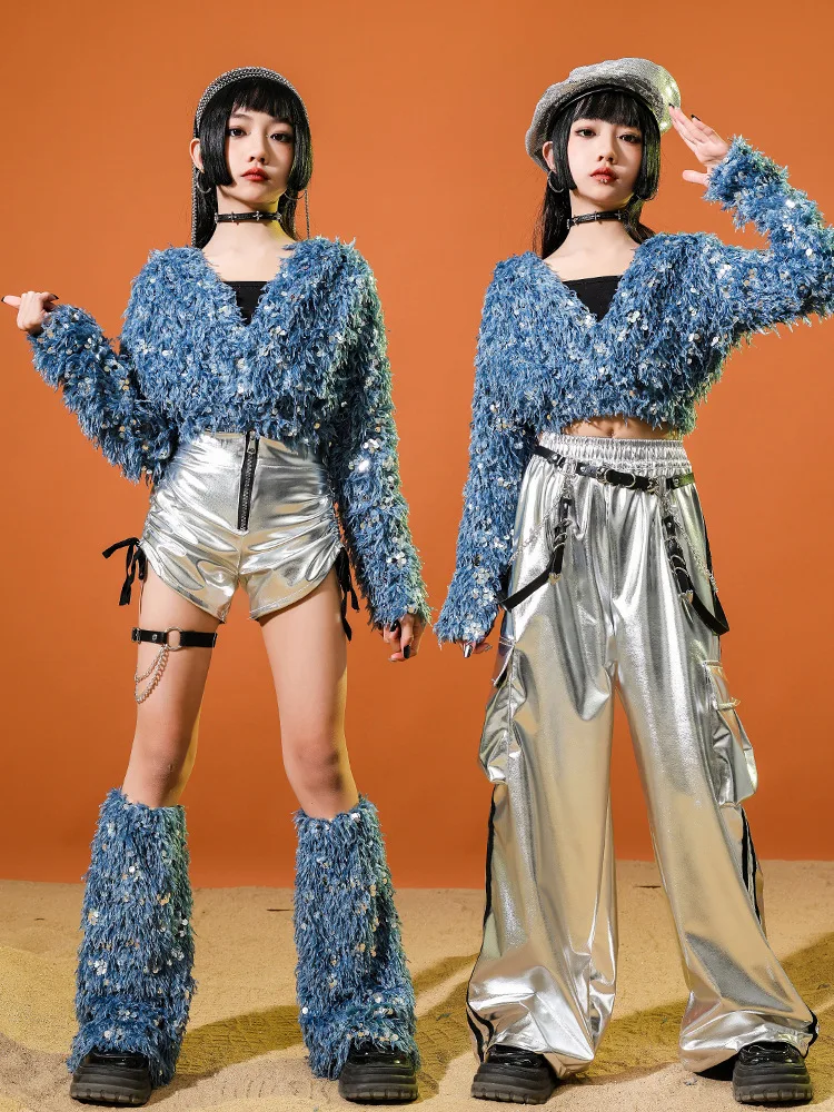 

Современный джазовый танцевальный костюм для девочек: синий топ с пайетками и капюшоном, серебряные брюки, одежда для хип-хопа, фестивалей и сценических выступлений для детей