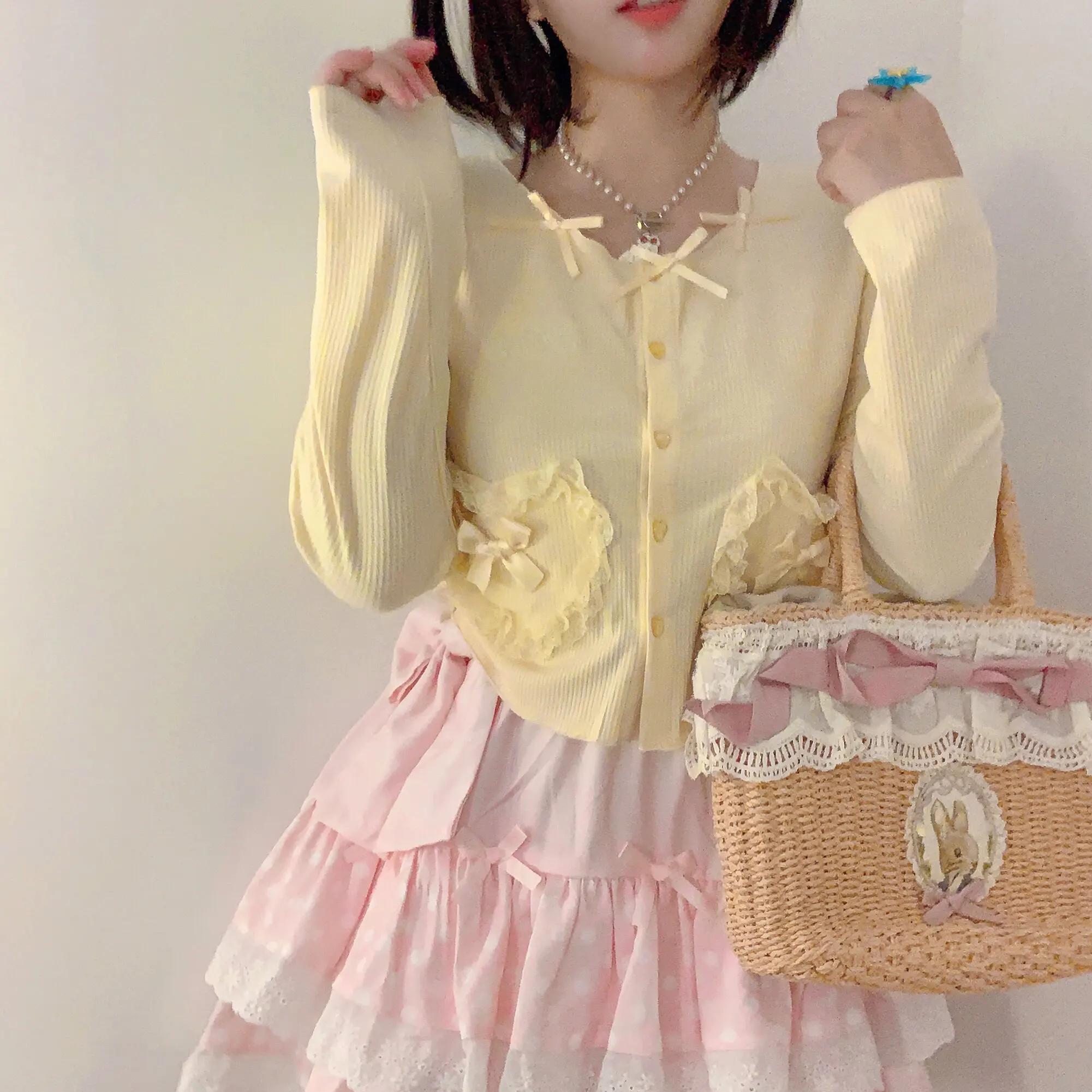 Women's Kawaii Bow Decorated Knit Top Sweet Ribbed Cardigan with Heart Button 5-color Small Cardigan Lolita Knitted Small Coat