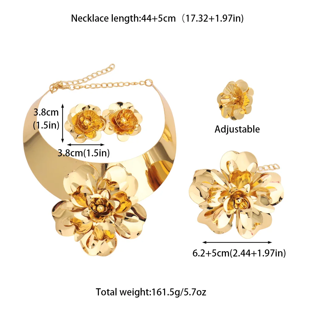 Großes 4-teiliges Schmuckset, Blumenmuster, luxuriöse Goldfarbe, Armreif, Ring, Halskette und Ohrringe für Damen, Hochzeitsaccessoires, Party – Detail 3