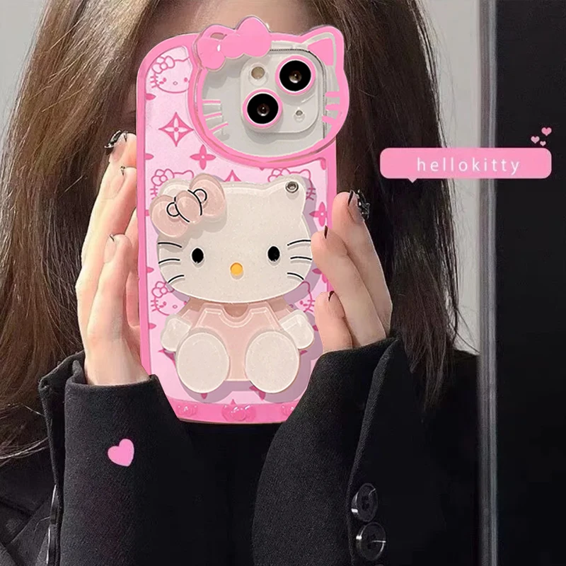 Funda de teléfono con espejo de maquillaje de dibujos animados HelloKitty, Linda funda Rosa KT para IPhone 11, 12, 13, 14, 15 Pro Max, XS, X, XR, 7, 8, 15 Plus, Y2k Girl