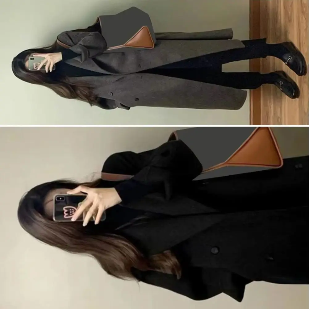 Women's Wool Coat Thickened Over-the-Knee Mid-Length Korean Style Wool Blazer Women's Long Wool Coat Double-Breasted Pea Coat