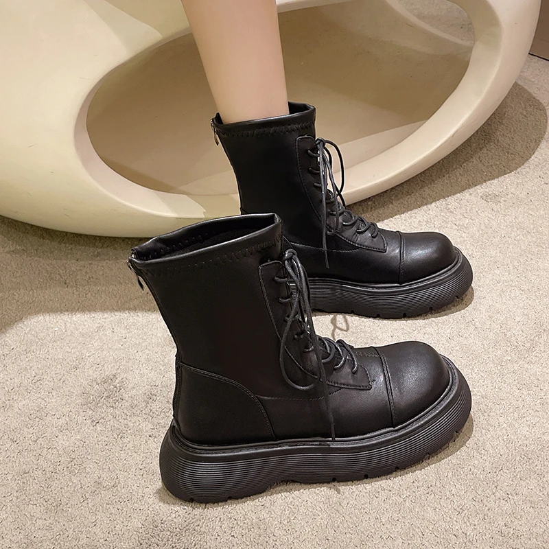 Muffin Thick Bottom Round Head Back Zipper Waterproof Table Fashion All-match Comfortable Non-slip Breathable Boots for Women