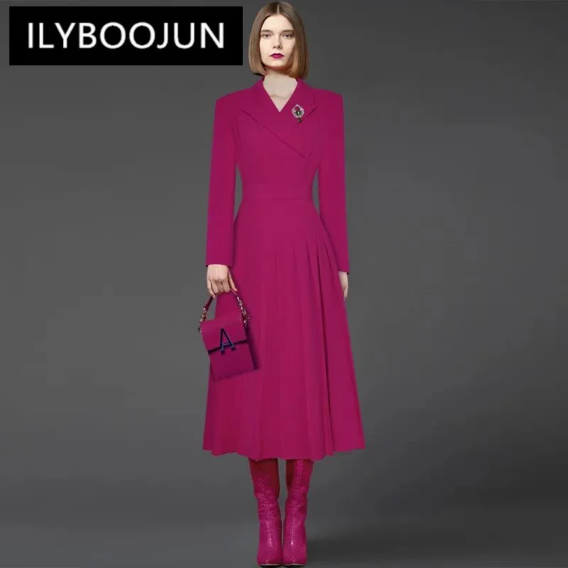 

ILYBOOJUN Dresses For Women 202 Luxury Brand High Quality Women's Dress Long sleeve Brooch Solid color Pleats Dresses