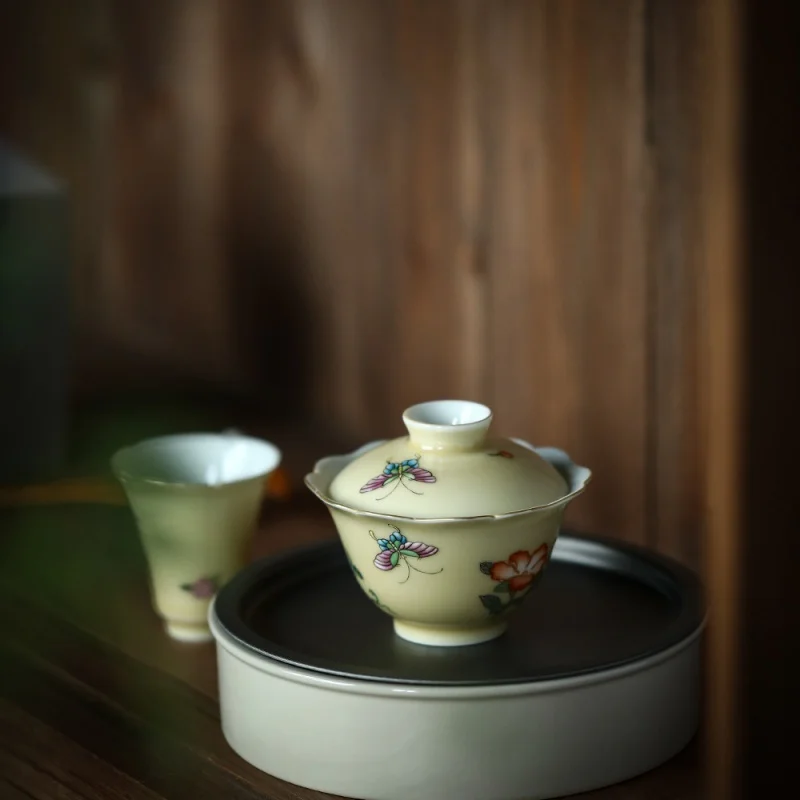 ★Jingdezhen Refined Travel Heart Hand-Painted Three-Dimensional Gold Painting Flower Butterfly Horseshoe Tureen Enamel Pink