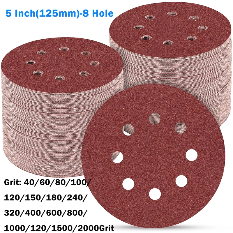 

Красные 5-дюймовые (125 мм) шлифовальные круги с 8 отверстиями, зернистость 40-2000 грит, на липучке, абразивная бумага для шлифовки и полировки, для полировальных инструментов