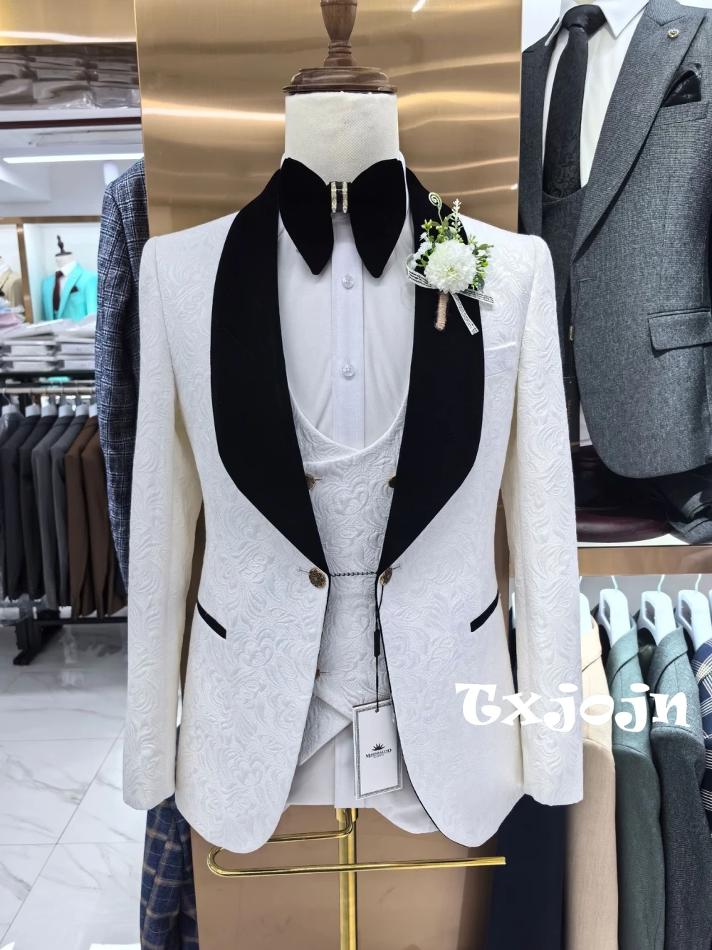 

Classy Jacquard Slim Fit Suit Set For Men Birthday Party Prom Luxurious Customized Men's Suits 3 Pieces Wedding Groom Tuxedo