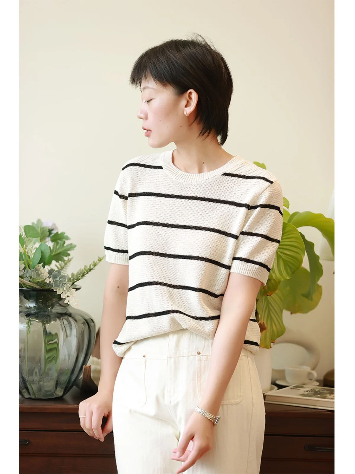 

Loose ort Sve Knitted Cotton Blend T-irt Women's round Ne Striped Early Autumn New Sle Paper Twisted Cotton White ...