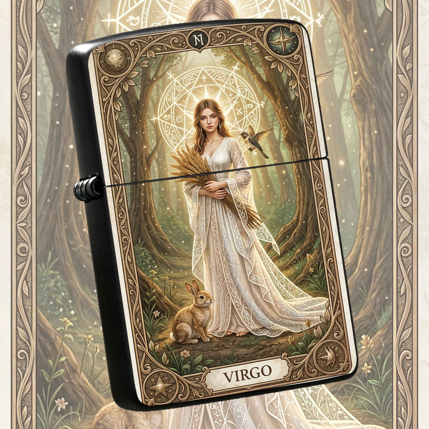 Exquisite Virgo Zodiac Tarot Pattern Pocket Lighter, Elegant Artistic Forest Design, Multipurpose Use For Daily, Gifting, Collection, Smooth Lightweight Portable Accessory For Astrology Enthusiasts, Ideal Unique Present For Birthdays Any Oc