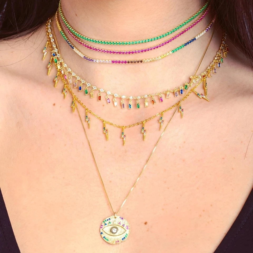 3 Colors 2mm Rainbuw Cz Necklace Red Shiny Cz Tennis Chain Choker Jewelry Micro Pave Gold Silver Color Fancy Women Jewelry