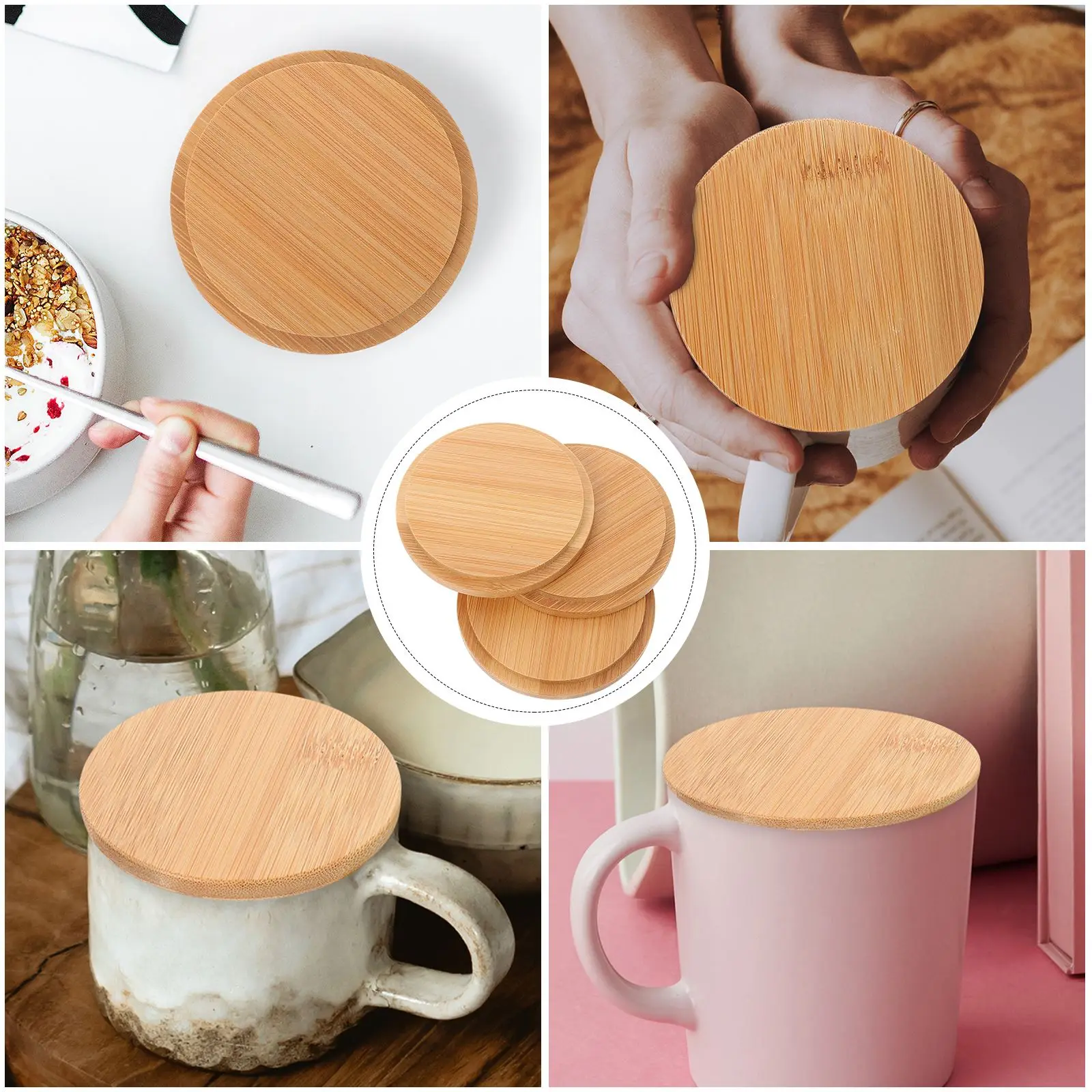 3pcs Bamboo Mug Covers Anti-dust Lids Practical Cup Covers Reusable Drinkware Glass Ceramic Mugs Lids Coffee Mug Accessory Tool