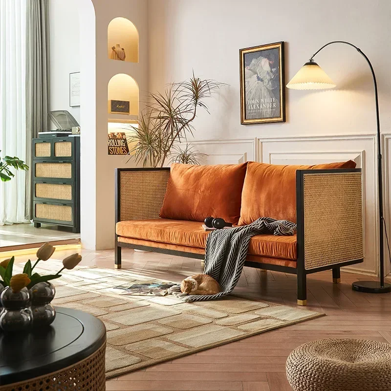 retro light luxury solid wood rattan sofa, new Chinese living room for home use, wabi-sabi wind bed and breakfast three-person