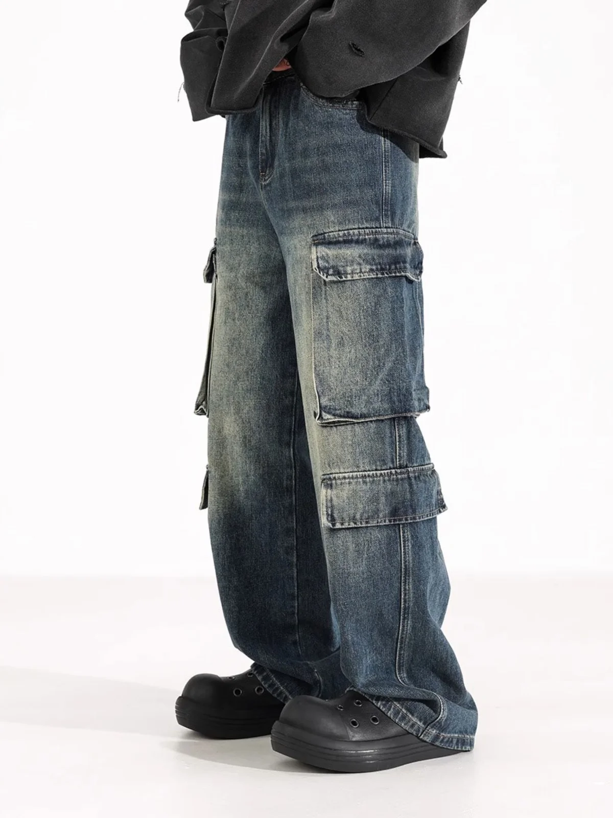 

Синие винтажные джинсы для рабочей одежды, мужские свободные джинсы с большой кетой, уличные повседневные длинные брюки, прямые джинсы