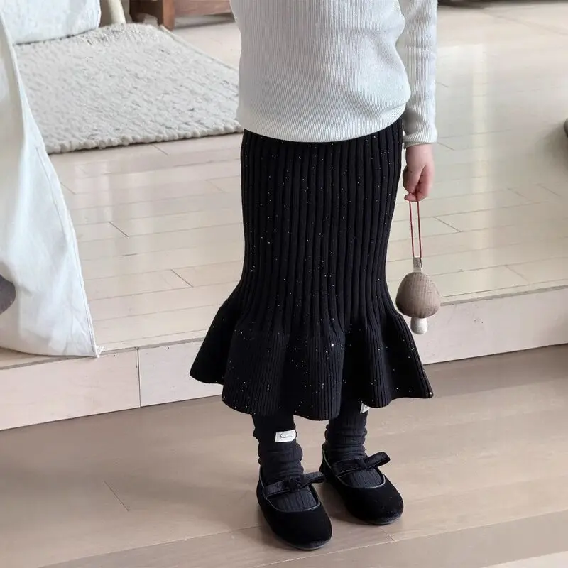 Autumn Winter Girls' Sparkling Mermaid Knit Skirt Shiny Fish Tail Dress for Party Daily Wear Versatile Elegant Kids' Outfit