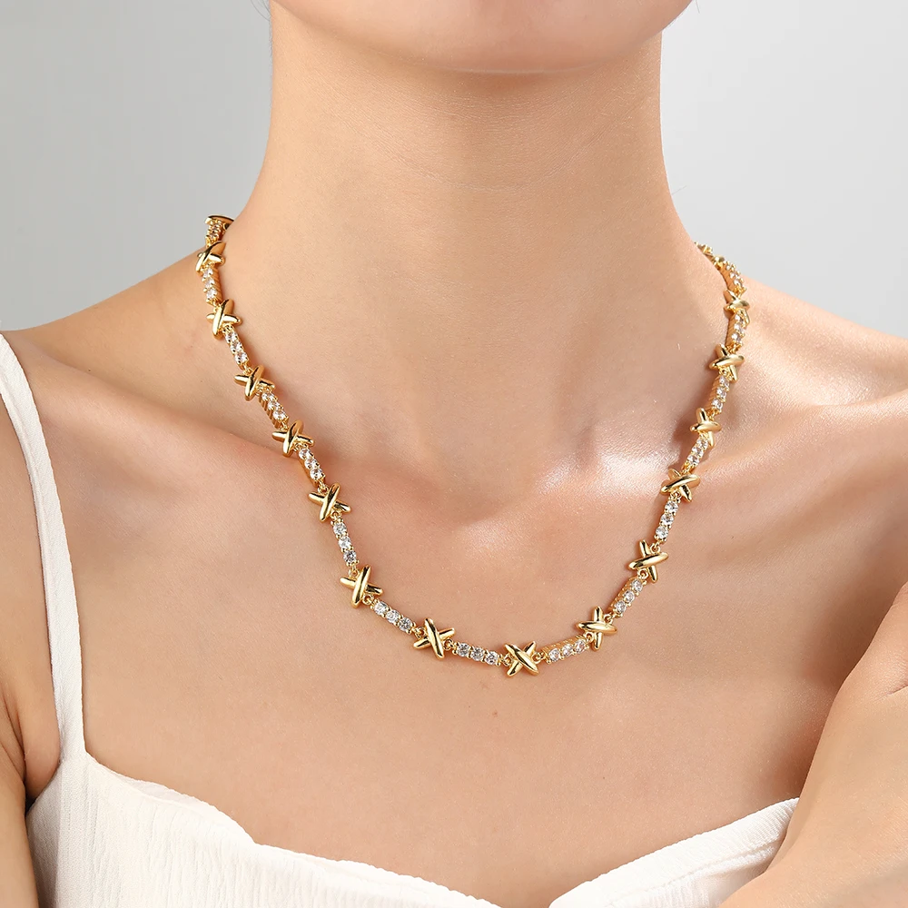Chunky X Cross Choker Necklace For Women Aesthetic Crosses Gold Color Crystal Chain on Neck Collar Statement Fashion Jewelry