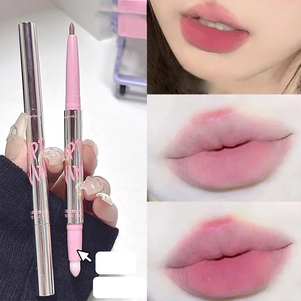 Double-end Nude Brown Lip Liner ดินสอพร้อมแปรงกันน้ํา Long Last สวมใส่ง่าย Non-stick Cup ลิปสติกปากกาความงามเครื่องสําอาง